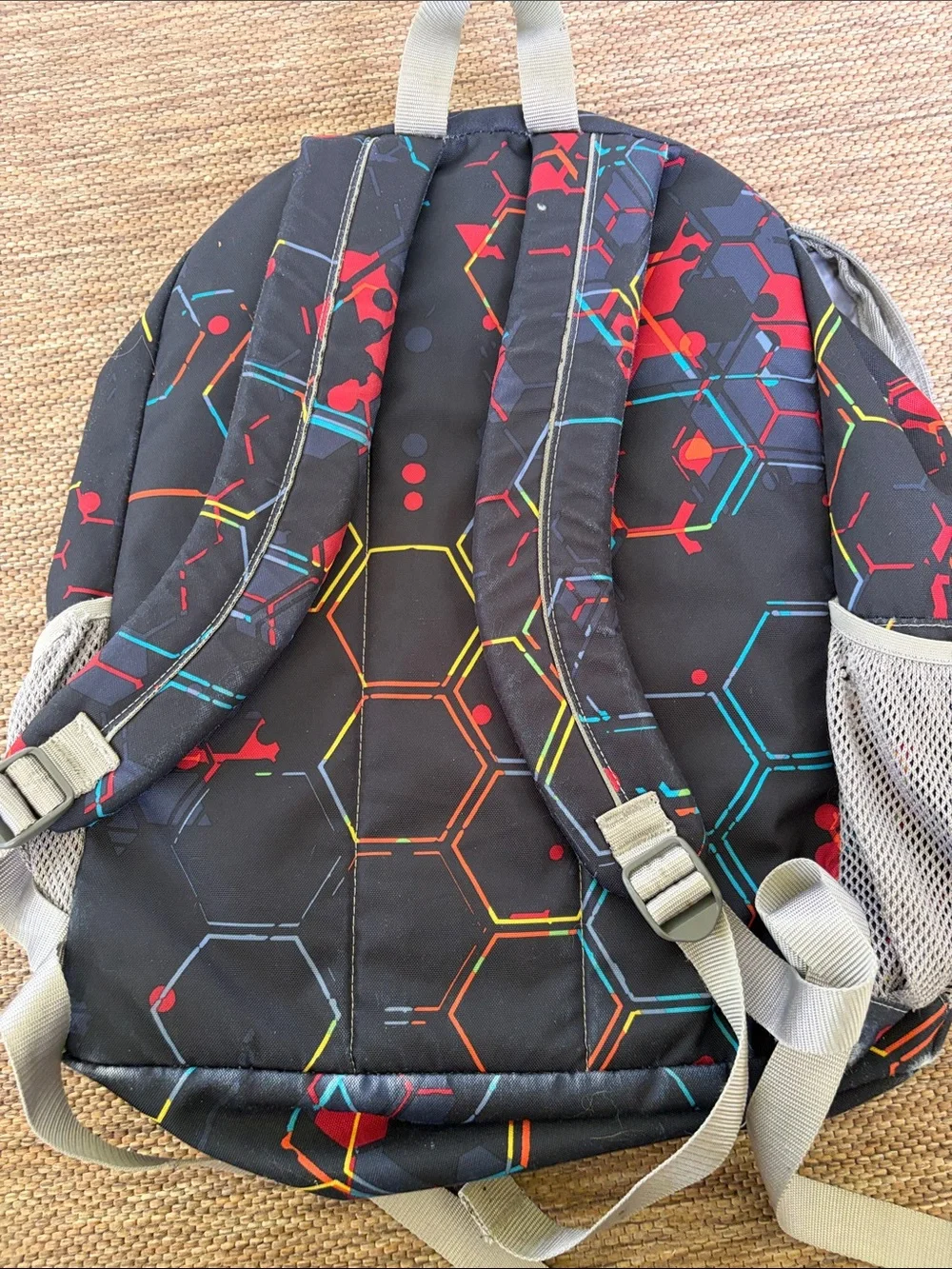 L.L. Bean Black Backpack with Red and Blue Geometric Print
